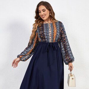 Melo Apparel Plus Size Printed Tie Belt Boat Neck Midi Dress